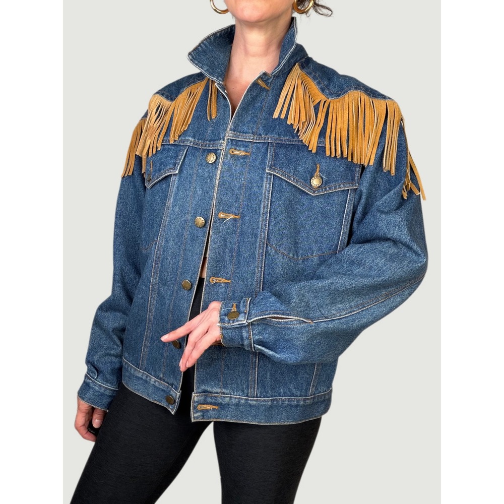 Contempo Casuals‎ Denim Jacket Suede Fringe Western Leather Jean Coat Vintage S